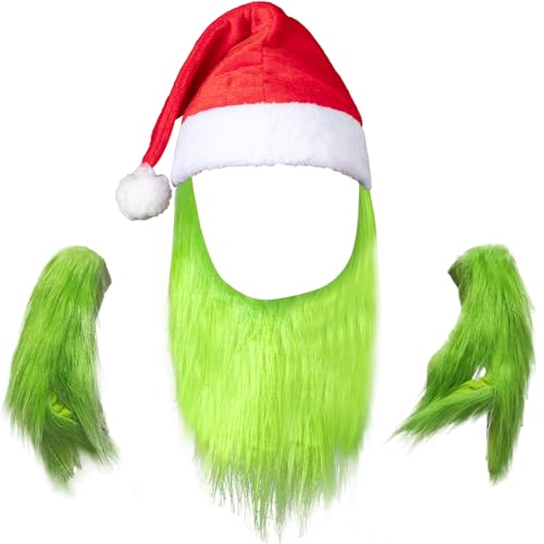 Fisemira Grüne Pelzbarthandschuhe mit Weihnachtsmannmütze, Cosplay, verspieltes Kostüm, Maske, Zubehör-Set für Weihnachtsfeiertage von Fisemira