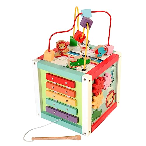Fisher-Price 181A Wooden 5-in-1 Activity Cube Toddler Educational Centre with Bead Maze, Sorting Games and Xylophone, Age 18 Months +, Multicolour, 43 x 23 x 23cm von Fisher-Price