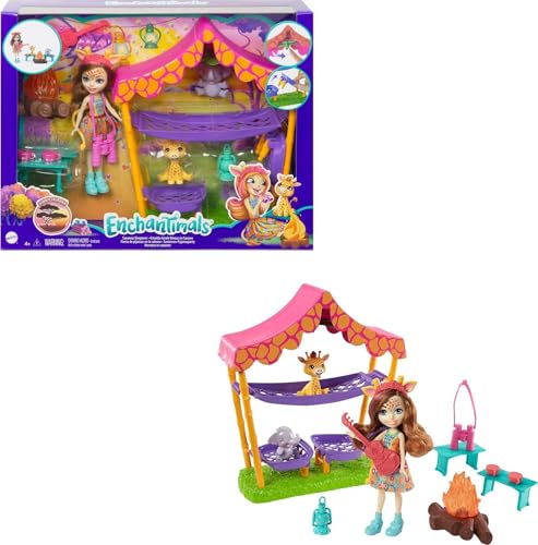 Enchantimals GTM33 - Savannen-Pyjamaparty Spielset mit Griselda Giraffe Puppe (15 cm), 2 Tierfreunden, Zelt und 8 Zubehörteilen, Spielzeug ab 4 Jahren von Mattel