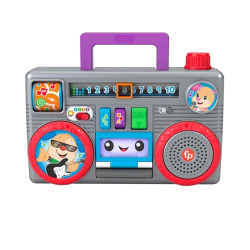 Fisher-Price Laugh & Learn Busy Boombox Retro-inspiriertes musikalisches Kleinkindspielzeug mit Lerninhalten für Babys und Kleinkinder, Version: Englisch; Italienisch; Portugiesisch; Spanisch, HHX10 von Fisher-Price