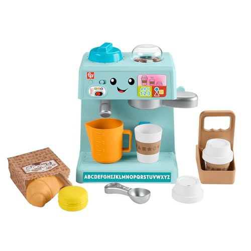 Fisher-Price Lachen und Lernen Kaffeemaschine mit Kaffeezubehör, Lernspielzeug mit Geräuschen, für Babys ab 1 Jahr, spanische Version + Portugiesisch + Italienisch + Englisch (HYT02) von Fisher-Price