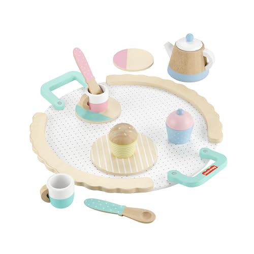 Fisher-Price Hölzernes Tee-Set mit Teekanne, Tassen und Untertassen, 12 Holzteile für das Rollenspiel im Kindergartenalter ab 3 Jahren, HXT82 von Fisher-Price