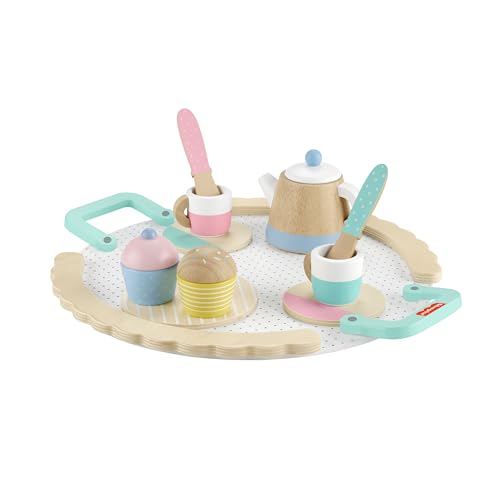 Fisher-Price Hölzernes Tee-Set mit Teekanne, Tassen und Untertassen, 12 Holzteile für das Rollenspiel im Kindergartenalter ab 3 Jahren, HXT82 von Fisher-Price