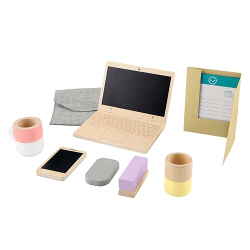 Fisher-Price Homeoffice-Set aus Holz für Kindergartenkinder, 9 Zubehörteile mit Holz-Laptop und -Telefon für Rollenspiele, für Kinder ab 3 Jahren, HXV11 von Fisher-Price