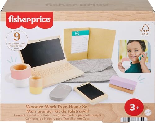 Fisher-Price Homeoffice-Set aus Holz für Kindergartenkinder, 9 Zubehörteile mit Holz-Laptop und -Telefon für Rollenspiele, für Kinder ab 3 Jahren, HXV11 von Fisher-Price