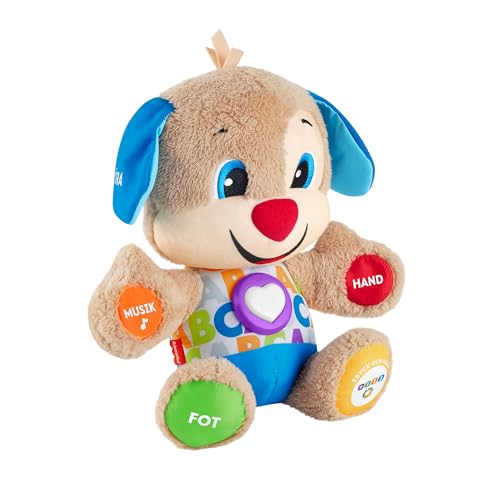 Fisher-Price Lernspaß-Hündchen mit DREI Stufen | sprechendes Kuscheltier mit Musik als Kinderspielzeug und Baby Spielzeug | Interaktiver Teddybär, Version: Schwedisch, FPM65 von Fisher-Price