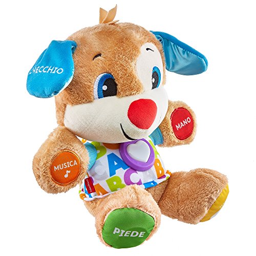 Fisher-Price Lernspaß-Hündchen mit drei Stufen | sprechendes Kuscheltier mit Musik als Kinderspielzeug und Baby Spielzeug | Interaktiver Teddybär, Version: Italienisch, FPM51 von Fisher-Price