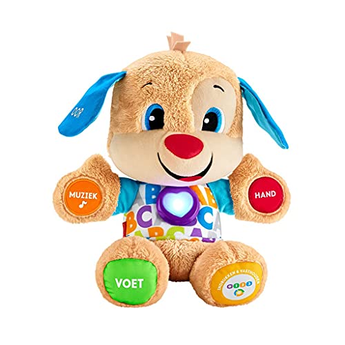 Fisher-Price Lernspaß-Hündchen mit DREI Stufen | sprechendes Kuscheltier mit Musik als Kinderspielzeug und Baby Spielzeug | Interaktiver Teddybär, Version: Niederländisch, FPM60 von Fisher-Price