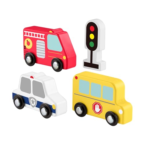 Fisher-Price Mein Holzauto-Set für Kleinkinder, 4-teiliges Holzset mit Feuerwehrauto, Schulbus und Polizeiauto für Kinder ab 2 Jahren, JCY32 von Fisher-Price