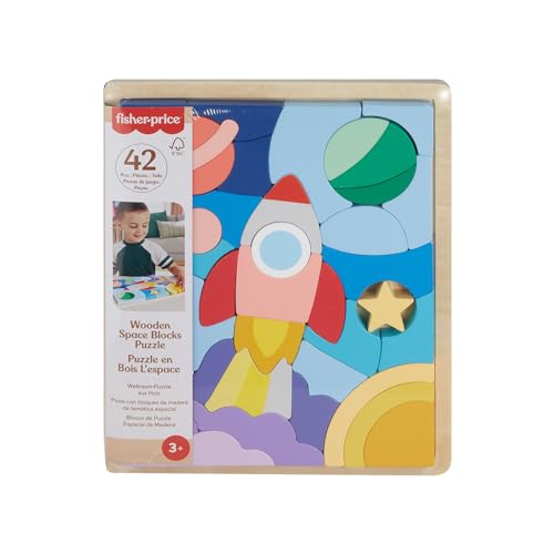 Fisher-Price Spielzeug für Kindergartenkinder Weltraum-Puzzle aus Holz mit Stapelblöcken, 42 Holzteile für ein spielerisches Sortieren ab 3 Jahren, HXY42 von Fisher-Price