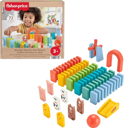 Fisher-Price Vorschulspiel, Domino-Lauf-Spielset, 72-teiliges Holz-Bauset für Kinder ab 3 Jahren von Fisher-Price