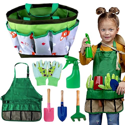 Fisssure Gartengeräte-Set für Kinder, Gartenspielzeug für Kinder - 7-teiliges sensorisches tragbares Garten-Pflanzset | Gartengeschenke für Kinder, inklusive Sprühflasche, Handschuhe, Schaufel, von Fisssure