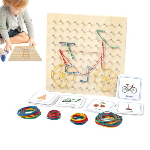 Fisssure Geoboards mit Gummibändern, Geoboard aus Holz, Geoboard-Nagelbrett, mathematische Tafel aus Holz, Lernspielzeug mit 50 Motivkarten und 80 von Fisssure