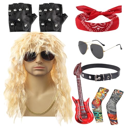 Fisssure Rocker-Kostüm für Herren, Rocker-Kostüm-Set | Disco-Kostümzubehör aus Metall,9-teiliges Herren-Hippie-Perücke mit Bandana-Sonnenbrille, 70er- und 80er-Jahre-Rocker-Perücken, Herren-Kostüm-Set von Fisssure