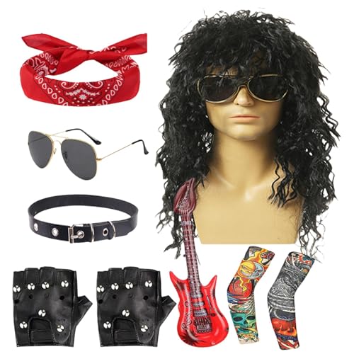 Fisssure Rocker-Kostüm für Herren, Rocker-Kostüm-Set | Disco-Kostümzubehör aus Metall | 9-teiliges Halloween-80er-Jahre-Rocker-Star-Kostüm-Set, Herren-Rocker-Heavy-Metal-Kostüm für Rockkonzert, von Fisssure