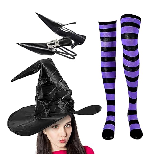 Halloween-Kostüme für Frauen 3-teilig – Hexenkostüm für Frauen, Halloween-Hexenkostüm-Schuhüberzieher | Gruseliges Hexenkostüm, gestreifte hohe Socken, Hut von Fisssure