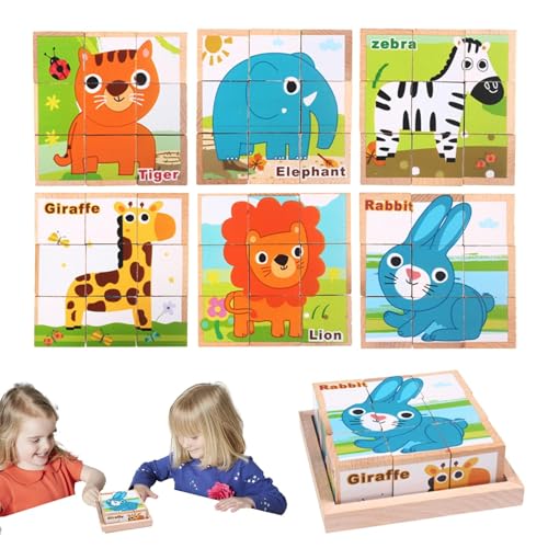 Puzzle aus Holz mit 6 Würfeln – Holzpuzzle mit 6 Motiven für Kinder, Würfelpuzzle aus Holz, Würfelpuzzle aus Holz | Puzzlespiele aus Holz mit Ablagefach für Kleinkinder, , Mädchen von 3 bis 6 von Fisssure