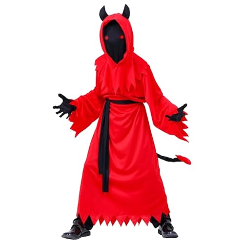 Teufel-Halloween-Kostüm Für Kinder – Rollenspiel-Totenkostüm, Halloween-Geisterkostüm | Kostüm Scary Black Death, Cosplay Kostüm Black Death & Red Fiend Dress Up Kleidung Kinderkostüme von Fisssure