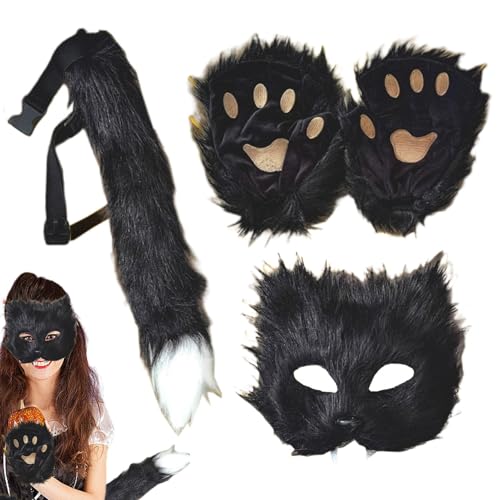 Wolfsmaske – Cosplay-Maske aus Kunstwolf, halbe Gesichtsbedeckung, falscher Wolf | Halloween-Maske, Set mit Pfote und Schwanz aus Pelz, Kostümset aus Fell für Hal von Fisssure