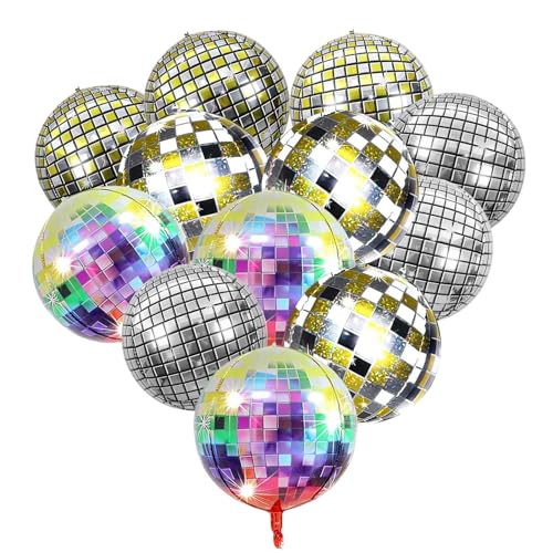 12 Stück Discokugel Luftballon, 22 Zoll 4D Metallisch Luftballons Helium Ballons, Mehrfarbige Disco Folienballons für Disco Geburtstag Party Deko von Fitbitop