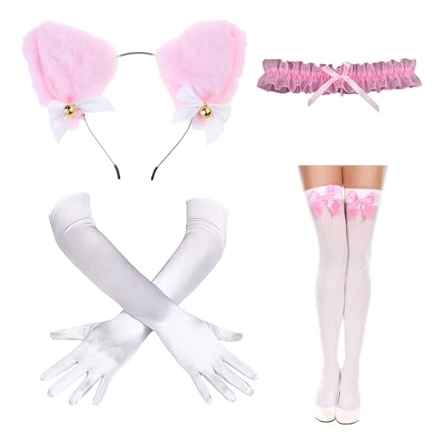 Fitooles Catgirl Kostüm-Set enthält Katzenohren, Stirnband, Spitzenkragen, Handschuhe und Strumpf für Damen, Halloween, Cosplay von Fitooles