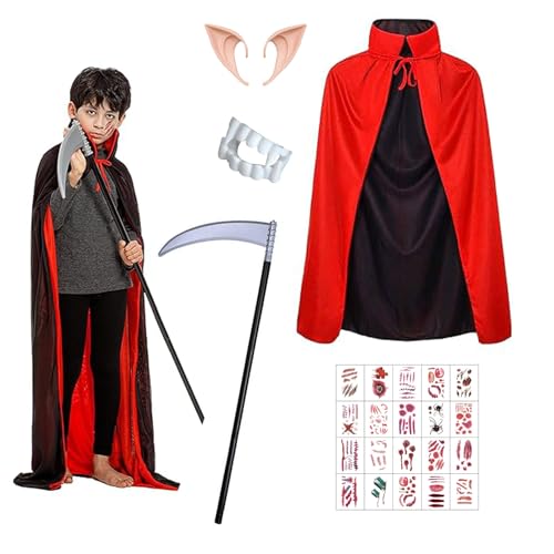 FiveMileBro Kinder vampir - kostüm make-up requisiten, 120cm vampir umhang, vampirzähne, stab mit sichel, halloween tattoo gesicht, vampir kostüm kinder set, cosplay für halloween kostüm von FiveMileBro