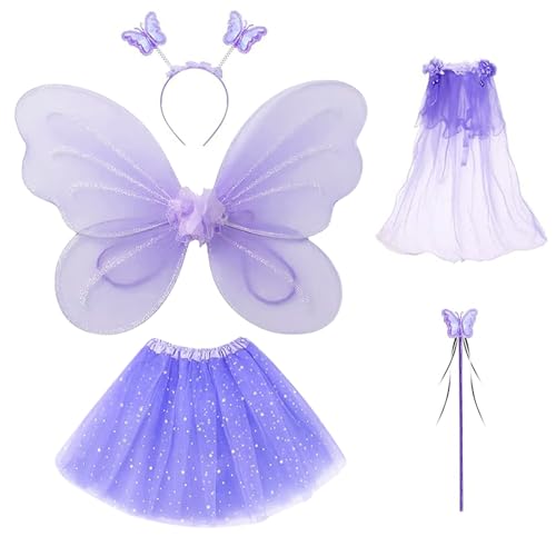 Fivtsme Feen Schmetterling Kostüm Kinder Mädchen, 5pcs Feenflügel Kinder mit Tüllrock, Fairy Wings, Zauberstab, Kopftuch und Haarreif, Feen Kostüm Kinder für Mädchen 3-8 Jahre alt (Farbe Violet) von Fivtsme