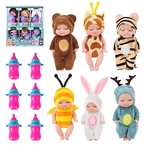 Fivtsme Mini Babypuppen, 6 Stück Mini Puppenspielzeug mit 6 Flaschen, Mini Schlafende Wiedergeburt Puppen, New Born Baby Puppe, Silikon-Baby-Puppen für Kinder ab 3 Jahren von Fivtsme