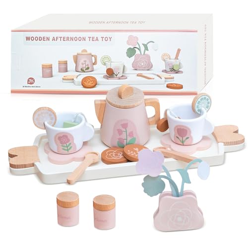 Fivtsme Teeservice Holz Kinderküche, Teeservice Kinder Holz Rosa, Teeset Kinder Spielzeug Holz, Teeservice Kinderküche, Teeparty Spielküche Rollenspiele Geschenk für Mädchen Kleinkinder ab 2 Jahren von Fivtsme