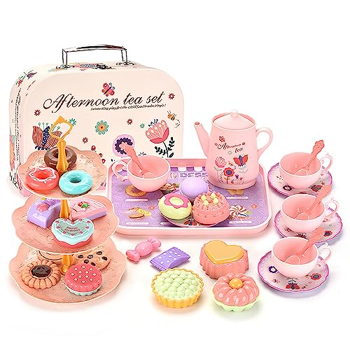 Fivtsme Teeservice Kinder, Tee Party Set, Puppengeschirr Metall, Holz Tee Set Kinder, Girls Tea Set für Kinder mit Koffer, Pretend Spielen Lebensmittel Küchenspiele Set für Jungen Mädchen ab 3 Jahre von Fivtsme