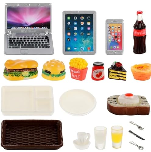 Fivtsme Wichtel Zubehör,21 Stück Puppenhaus Zubehör,Puppenhaus Miniatur Laptop Computer Tablet Spielzeug Telefon Pad Hamburger Pommes Cola Fast Food Kuchen Kaffeesaft Passend für Puppe Zubehör von Fivtsme