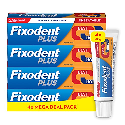 Fixodent Plus Zahnersatz Klebecreme - Bester Halt - Premium - Bis zu 88% des Haltes am Ende des Tages - 40g (4er Pack) von Fixodent