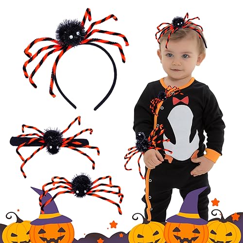 Fiyuer 3 Stück Halloween Spinne, Halloween Haarreif Spinne mit Schnapparmband und Brosche, Spinnenkostüm für Kinder, Halloween Deko Outdoor Halloween Accessoires Spinnenkostüm Damen Haarreifen von Fiyuer