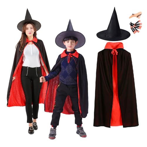 Fiyuer Umhang Halloween Cape für Kinder oder Erwachsene, Halloween Kostüm Umhang mit Hexe und Nasen Fingernägel, Schwarzes Rot Doppelseiten Umhang für Halloween Party, 140 cm von Fiyuer