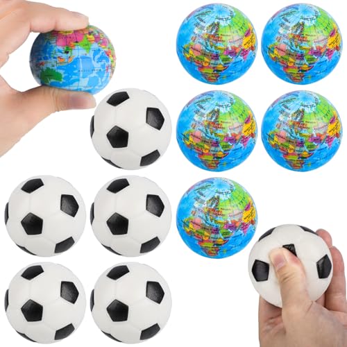 Fizdoqg 12 Stück Stressball Fussball 6cm Mini Fussball Anti Stress Bälle, 6 Fußball Stressbälle und 6 Antistressball Weltkugel für Kinder und Erwachsene, Fussball Mitgebsel Jungen von Fizdoqg