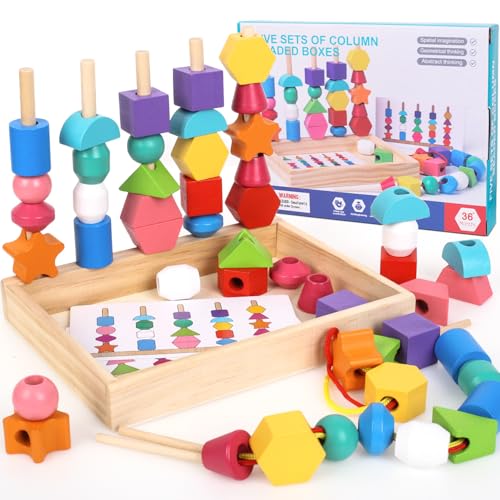 Fizdoqg 3-in-1-Fädelspiel und Steckspiel, Montessori Spielzeug ab 3 4 5 Jahre, Holz Sortierspiel Stapelspiel für Kinder Fädelspielzeug Motorikspielzeug für Junge Mädchen Lernspiele Geschenk von Fizdoqg