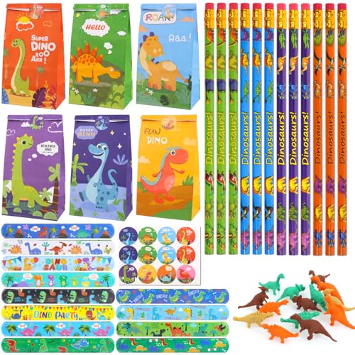 Fizdoqg 50 Stück Dino Mitgebsel Kindergeburtstag Set Dinosaurier Mitgebsel Gastgeschenke Give Aways 12 Dino Bleistifte 14 Radiergummi dino 12 Dino Papier Partytüten 12 Schnapparmband von Fizdoqg