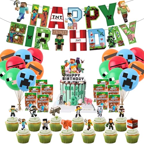 Fizdoqg Geburtstagsdeko Kinder Set Gaming Kindergeburtstag Deko Geburtstag Deko Junge Enthält Happy Birthday Banner Luftballons Tortenaufleger Geschenktüten für 3 4 5 6 7 8 9 10 Jahre von Fizdoqg