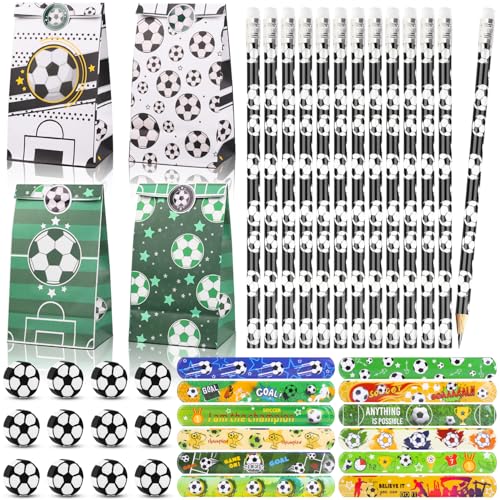 Fizdoqg Fussball Mitgebsel Jungen Set 48 Stück Fußball Mitgebsel Kindergeburtstag 12 Fußball Bleistift + 12 Fussball Radiergummi + 12 Papiertüten + 12 Schnapparmband für Fussball Party Mitgebsel von Fizdoqg