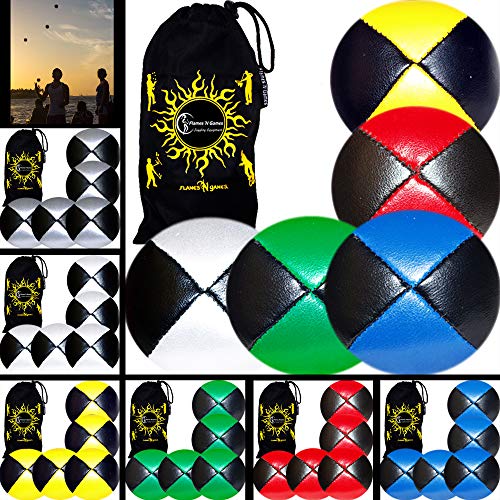 Flames 'N Games 5X Pro Thud Juggling Balls (Leder) Profi Jonglierbälle Set Mit 5 + Reisetasche - Mehrfarbig von Flames 'N Games