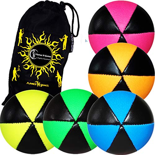 Flames N Games ASTRIX UV Thud Juggling Balls set of 5 (Mix Colours) Pro 6 Panel Leather Juggling Ball Set & Travel Bag! by Flames 'N Games Juggling Ball Set von Flames 'N Games