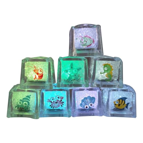 Leuchtwürfel Badewanne,Badespielzeug Leuchtend,Led Eiswürfel Badewannenspielzeug Baby ,Mehrfarbige Leuchtende Eiswürfel mit Meeresmuster,Sensorisches Badespielzeug für Baby Geschenk (8 pcs) von Flanliy