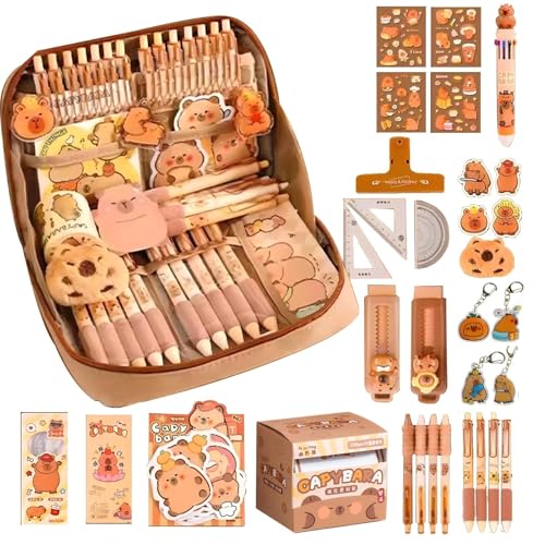 Flanliy Capybara Schreibwaren Set | 51Stück Capybara Sachen Federmäppchen Aesthetic Groß Mit Capybara Stiften、schlüsselanhänger、Linealen,Niedlichen Etui Stifte für Büro, Schule, Kinder, Schüler (A) von Flanliy