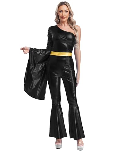 Fldy Damen 60er 70er Jahre Disco Hippie Outfit Glitzer Metallic Overall Mit Schlag Retro Disco Fever Party Halloween Faschingskostüme Schwarz 3XL von Fldy