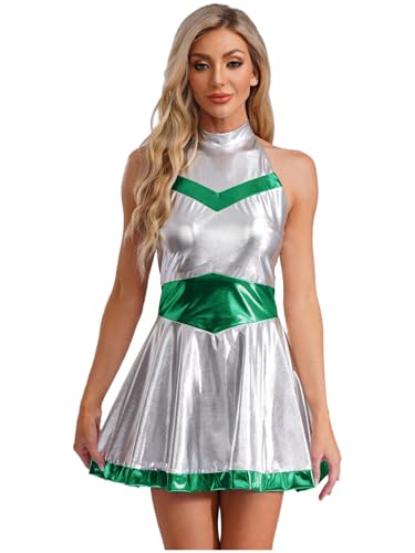 Fldy Damen Alien Kostüm Glänzend Metallic Kleid Space Girl Cosplay Karneval Kostüm Wetlook Holographic Parykleid Für Festival Disco Clubwear Grün XL von Fldy