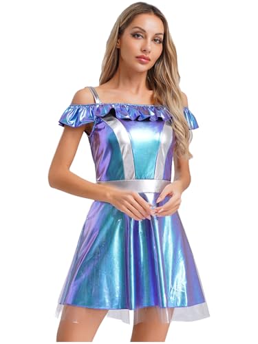 Fldy Damen Alien Kostüm Silber Metallic Space Girl Kleid Halloween Karneval Weltall Kämpferin Cosplay Partykleid Schulterfrei Blau XXL Fldy Damen Alien Kostüm Silber Metallic Space Girl Kleid Halloween Karneval Weltall Kämpferin Cosplay Partykleid Schulterfrei Blau XXL von Fldy