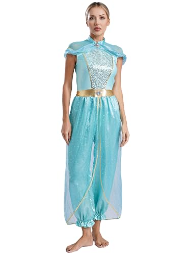 Fldy Damen Arabische Orient Märchen Prinzessin Kostüm Pailletten Overall Frauen Fasching Halloween Kostüm Party Rollenspiel Tanzkleidung Hellblau 4XL von Fldy