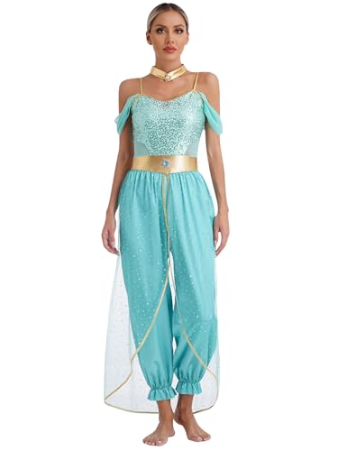 Fldy Damen Arabische Prinzessin Kostüm Märchen Orient Kleidung Pailletten Overall Haremshose Fasching Halloween Party Kostüm Tanz Outfit Türkis 3XL von Fldy