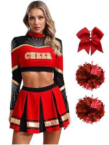 Fldy Damen Cheer Leader Kostüm Langarm Cheerleading Uniform Mit Pompoms Crop Top Und Minirock Hararband High School Halloween Karneval Kostüm Rot M von Fldy