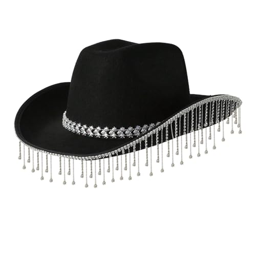 Fldy Damen Cowboy Cowgirl Hut Mit Glitzer Strass-Fransen Party Halloween Karneval Fasching Party Kostüm Zubehör Mütze Schwarz Einheitsgröße von Fldy